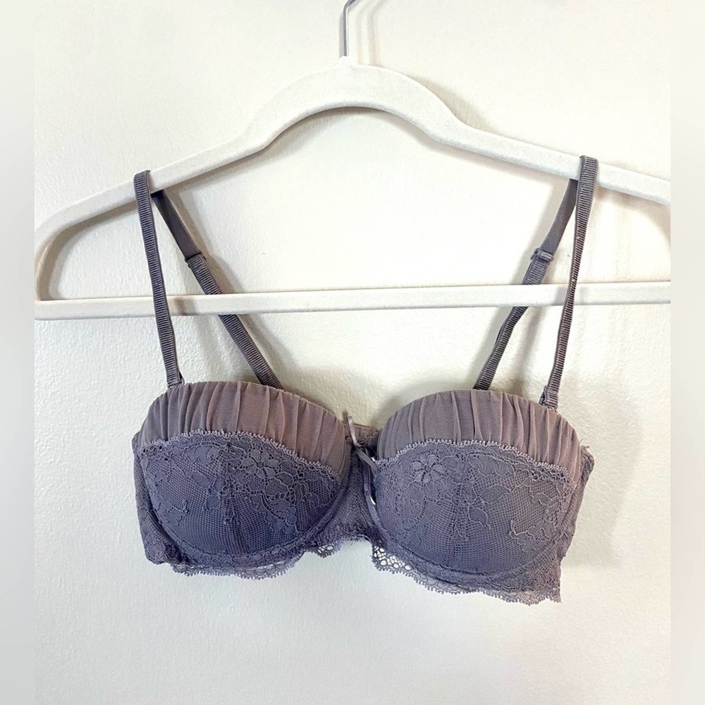 Adore me cute lace balconette bra 34b push up multi-way straps smoky grey